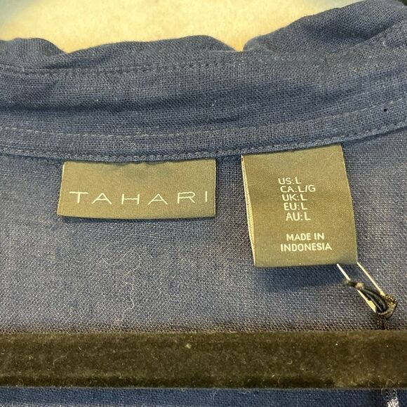 NWT TAHARI Linen Dress Sz Large Navy Blue 2-Way Wear Midi Long Sleeve Collared - Picture 4 of 12